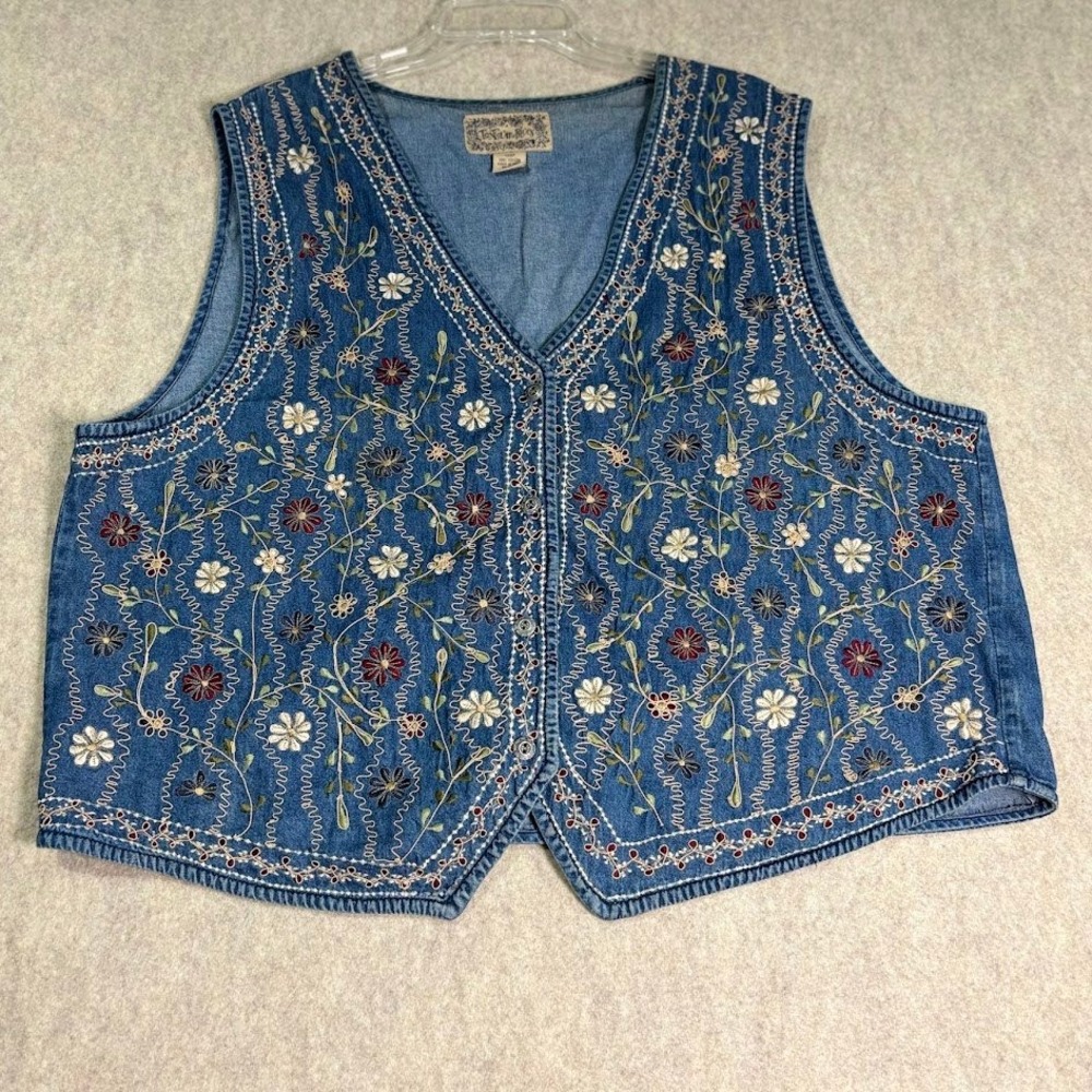Tantrum Blues Denim Vest Womens 3X Blue Cotton Floral Embroidered Boho Y2k Vest